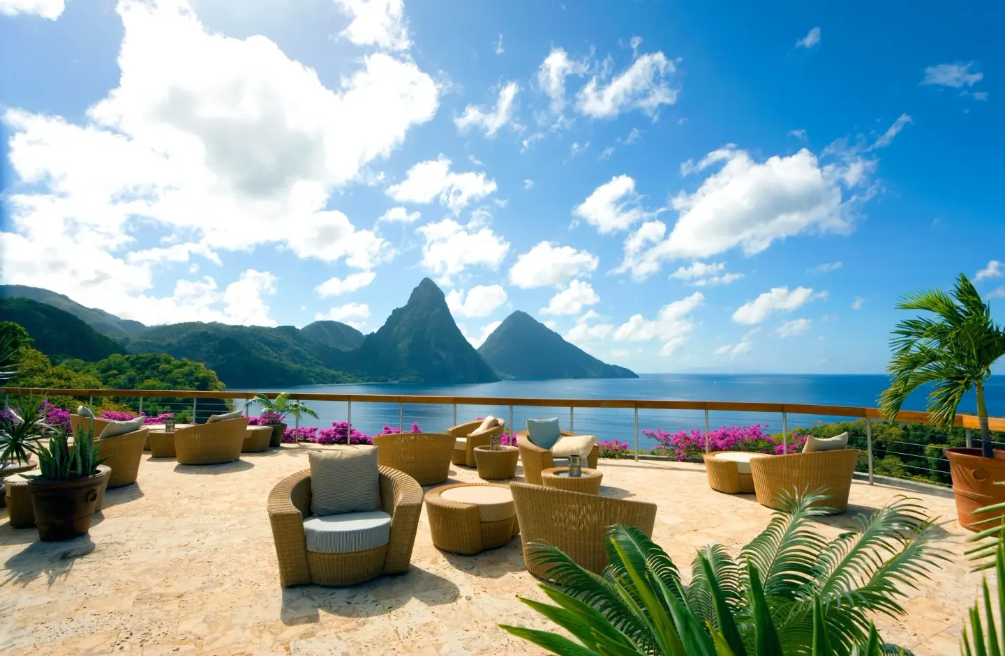 Open terrace seating overlooking the Pitons and Caribbean Sea at Jade Mountain Resort.