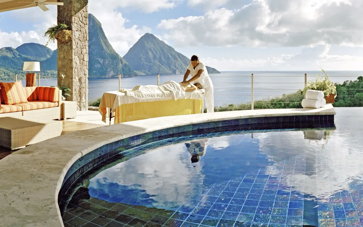 Poolside massage setup with Piton and sea views at Jade Mountain Resort.