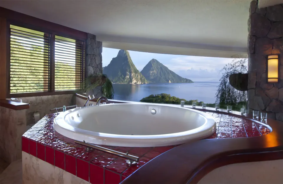 Moon Suite bath with round tub and Piton view at Jade Mountain Resort.