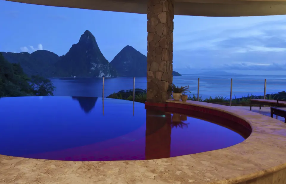 Moon Suite infinity pool at dusk with Piton views at Jade Mountain Resort.