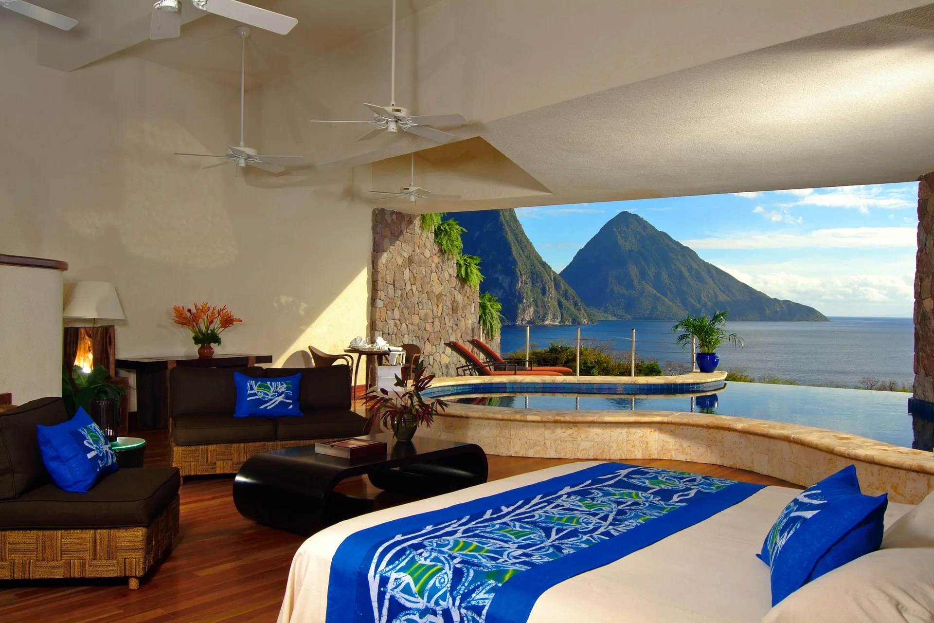 Moon Suite bedroom with infinity pool and Piton view at Jade Mountain Resort.
