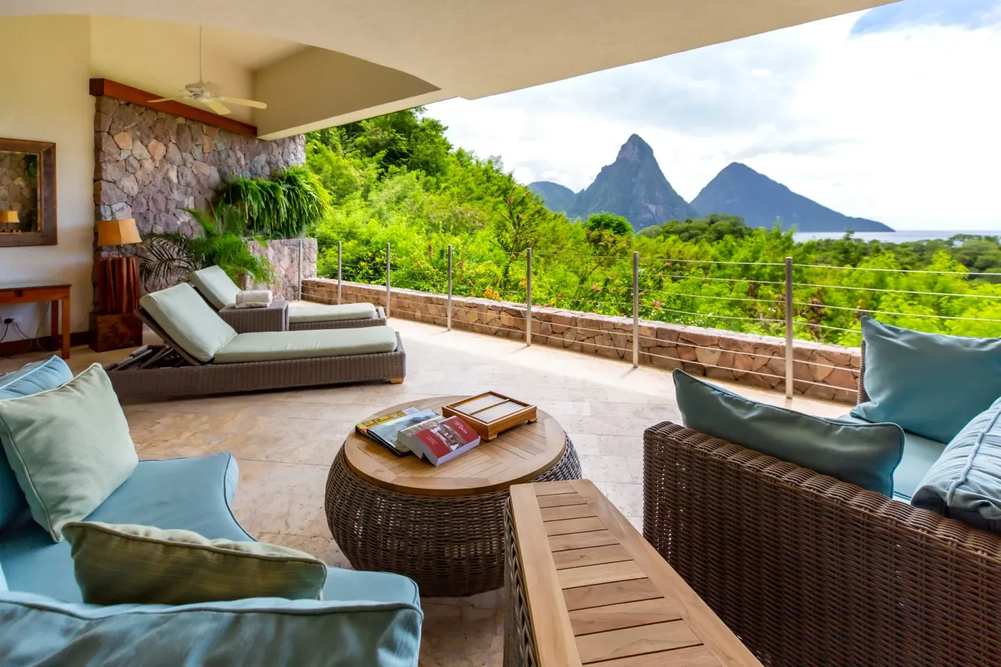 Sky Suite terrace lounge with Piton and sea views at Jade Mountain Resort.