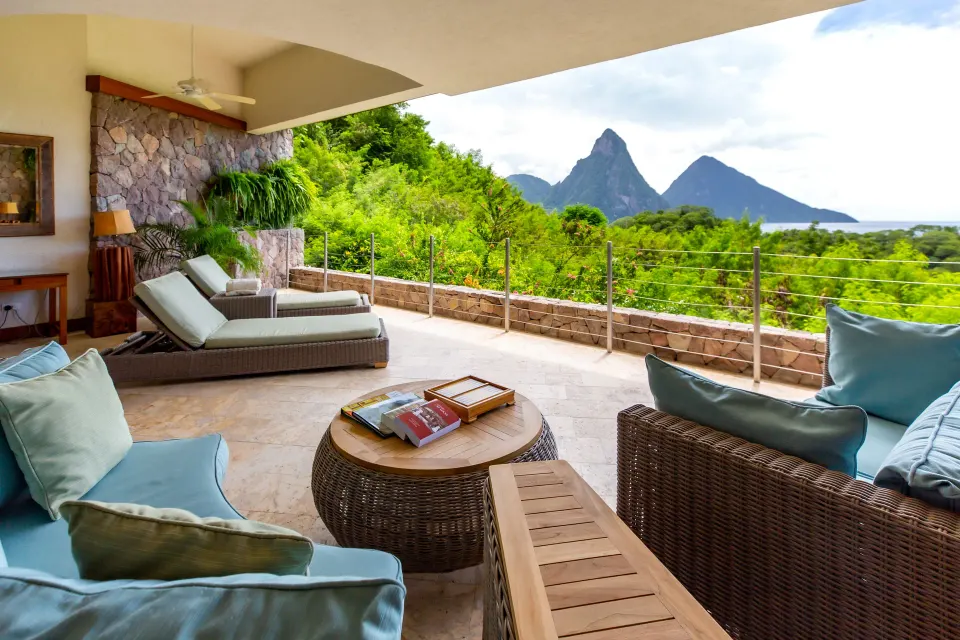 Sky Suite terrace lounge with Piton and sea views at Jade Mountain Resort.
