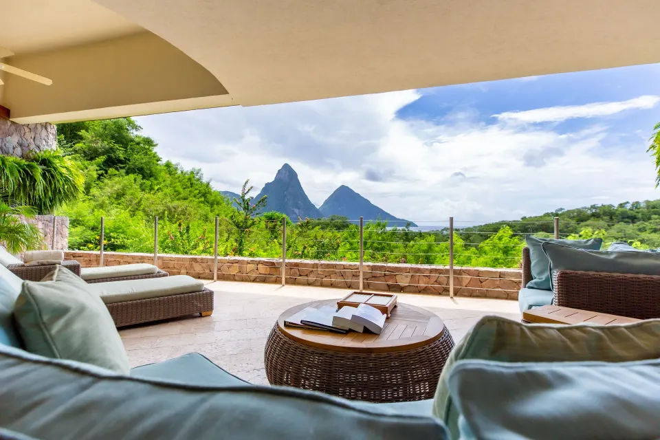 Sky Suite terrace seating looking toward the Pitons at Jade Mountain Resort.