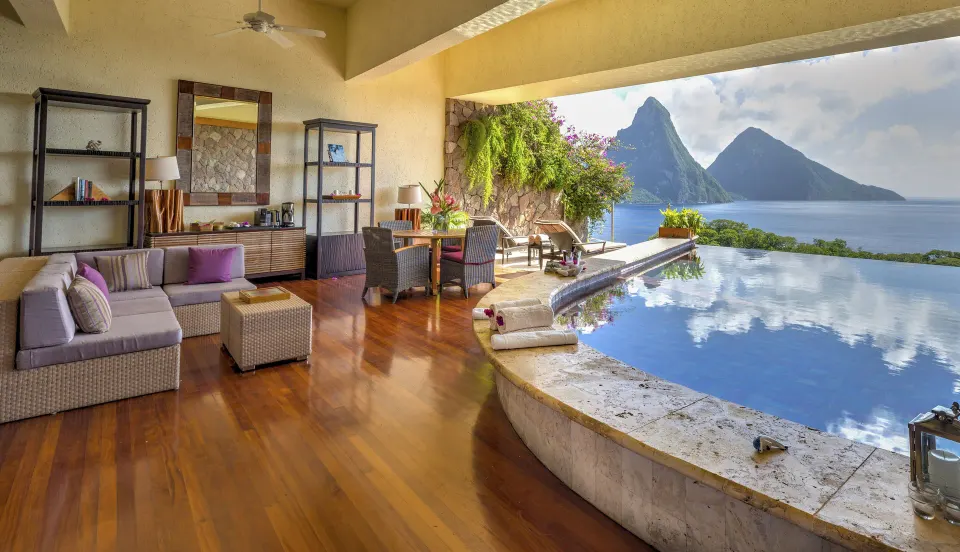 Star suite living area and infinity pool overlooking the Pitons at Jade Mountain Resort.