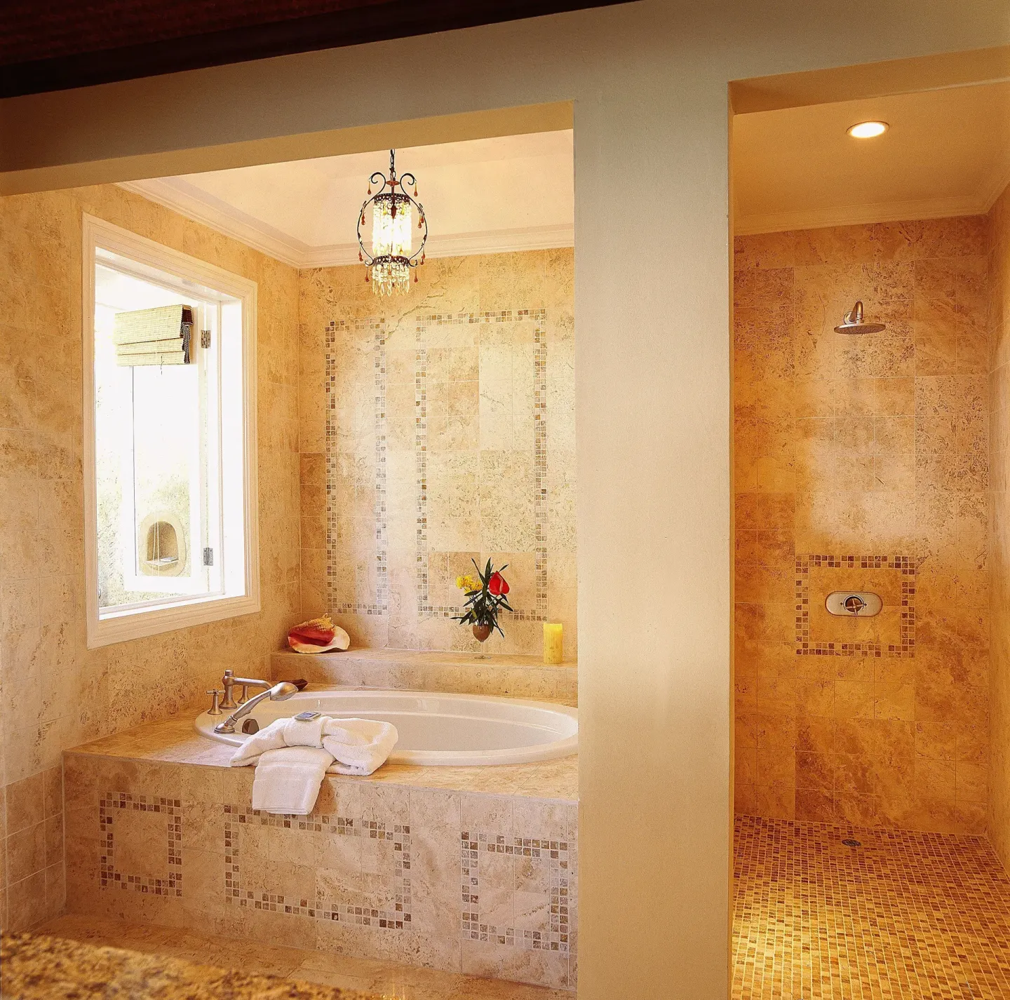 Cottage Three bathroom at Jamaica Inn with a tiled soaking tub and separate shower.