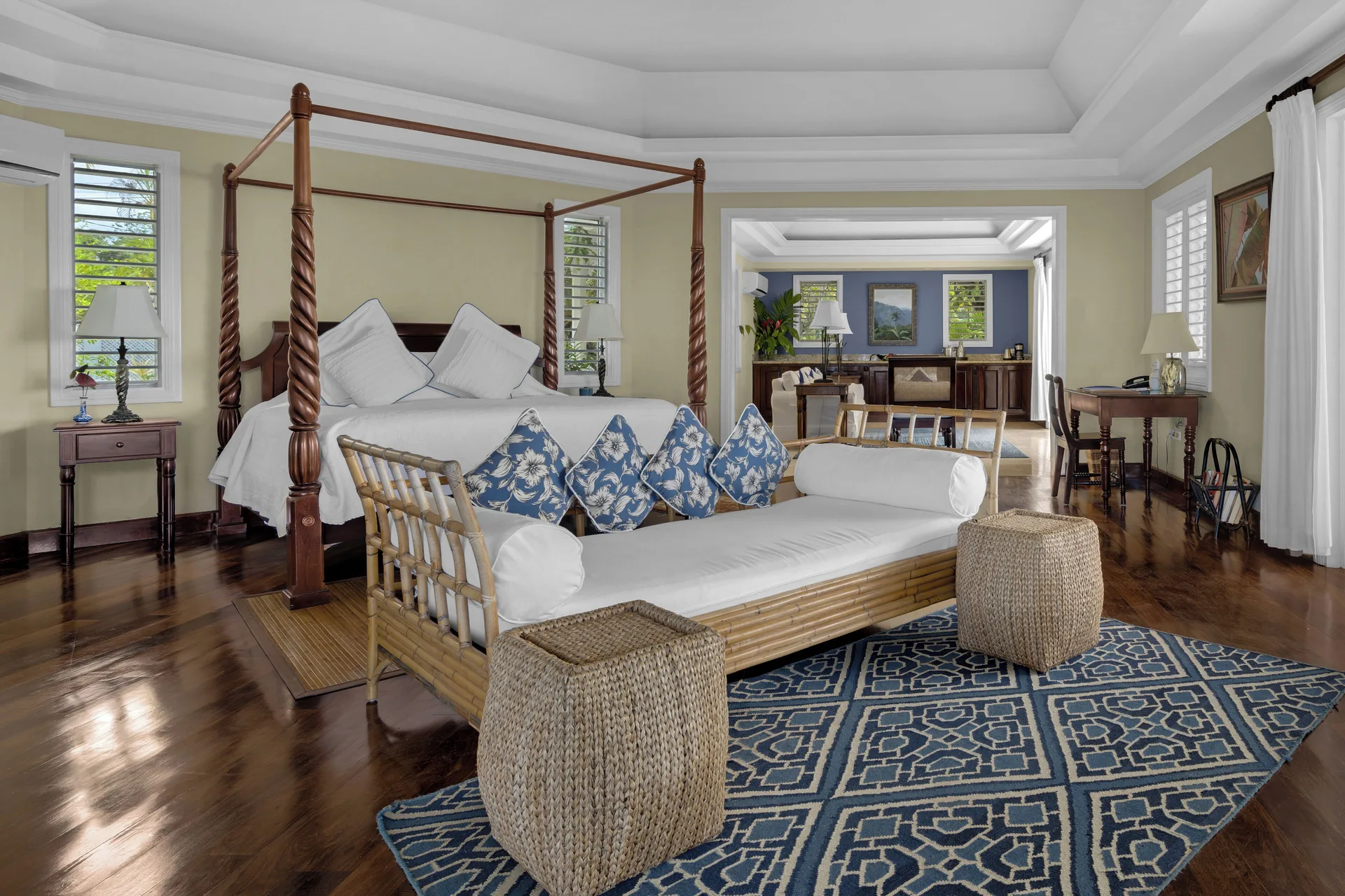 Blue Cottage king bed and daybed at Jamaica Inn with classic décor and beachfront Cottage charm in Ocho Rios, Jamaica.