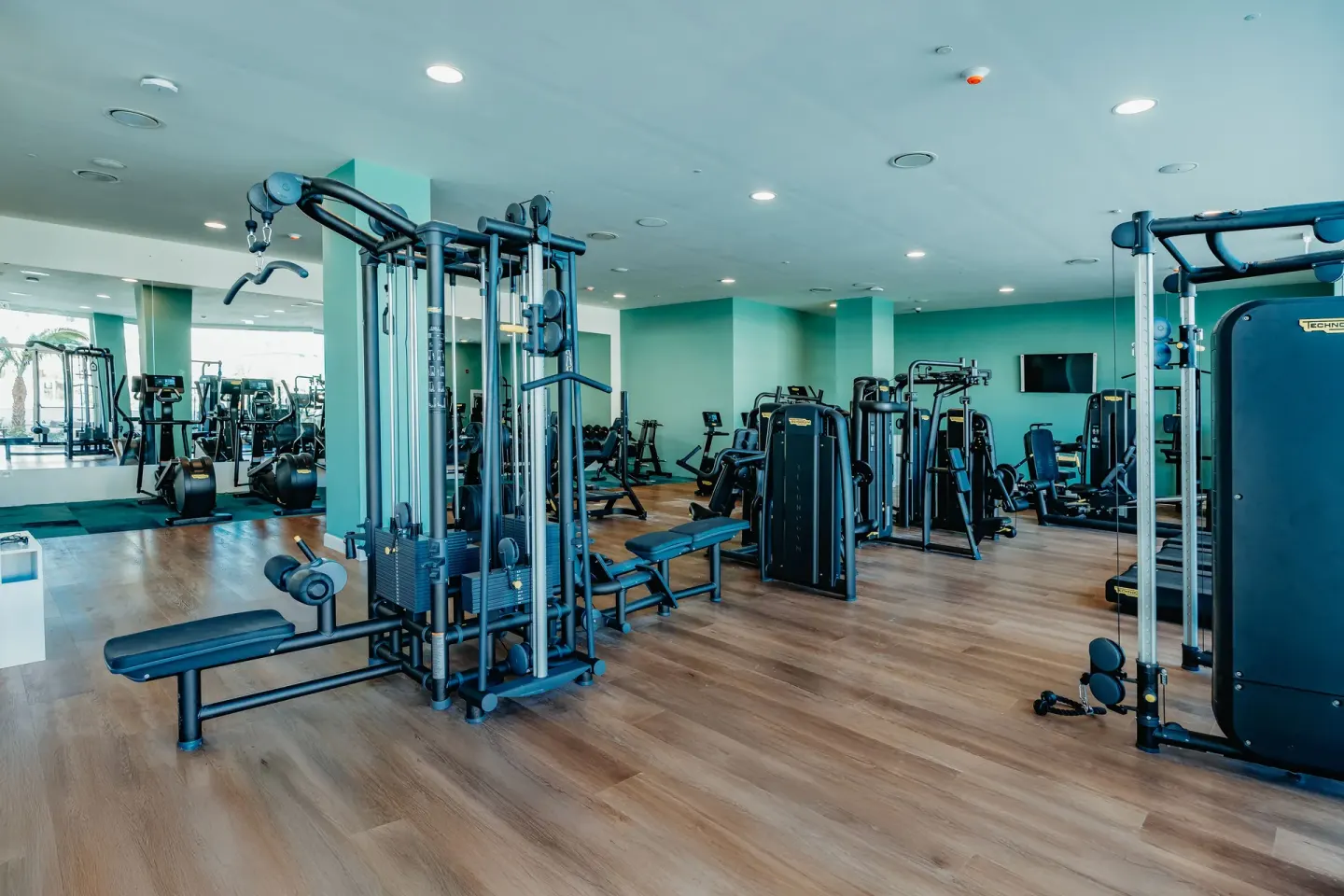 Fitness center with cable machines, cardio equipment, and mirrors at JOIA Aruba.
