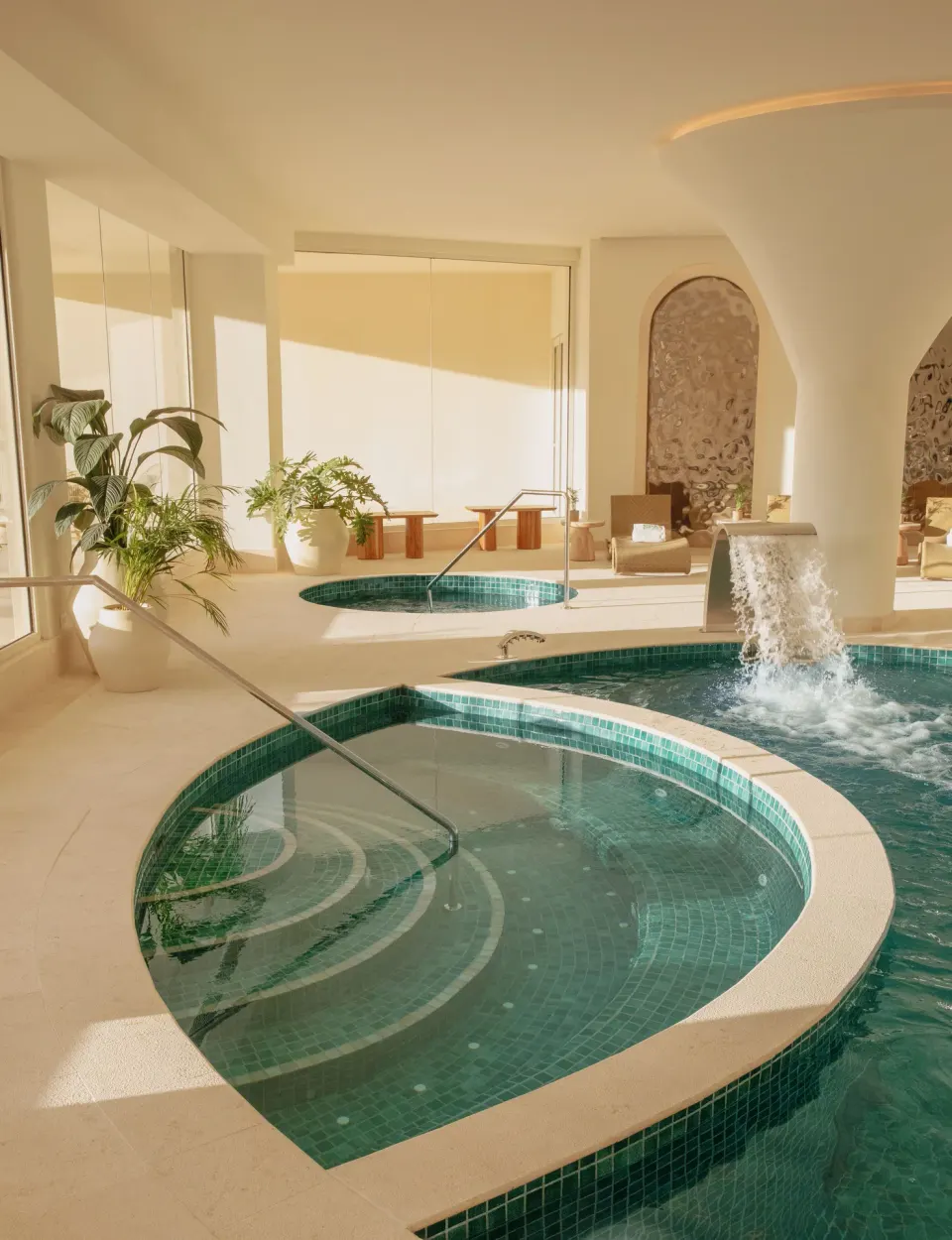 Indoor spa pool with tiled soaking areas and waterfall feature at JOIA Aruba.