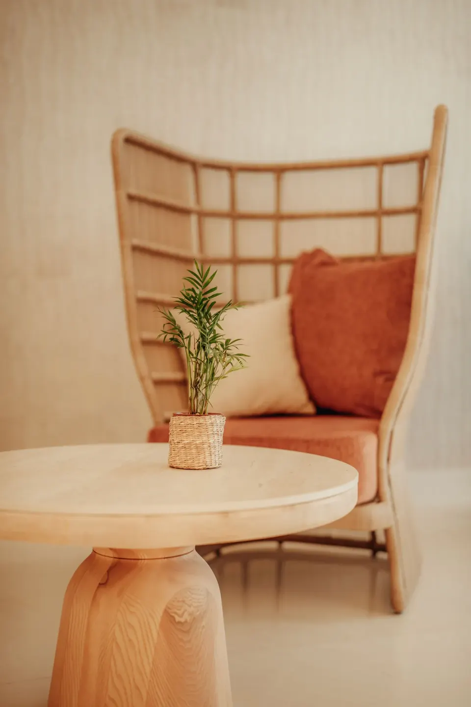 Small potted plant on a round table before a cushioned spa chair at JOIA Aruba.