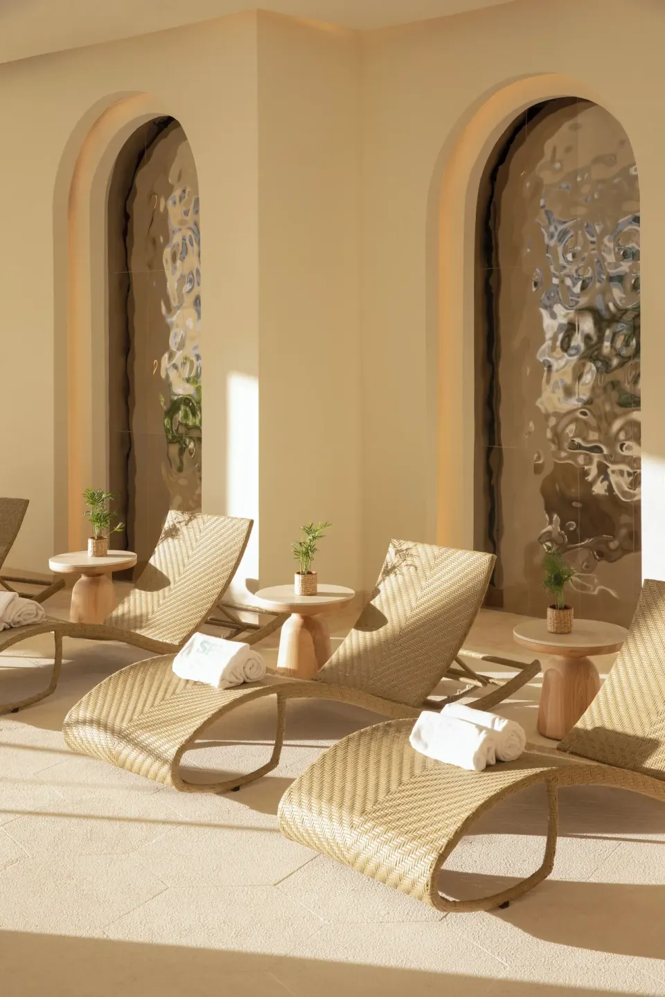 Woven spa loungers with towels and small side tables at JOIA Aruba.