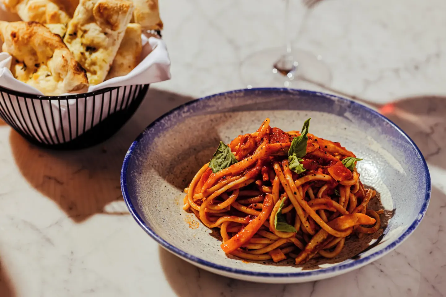 Tomato pasta with basil and flatbread at JOIA Aruba.