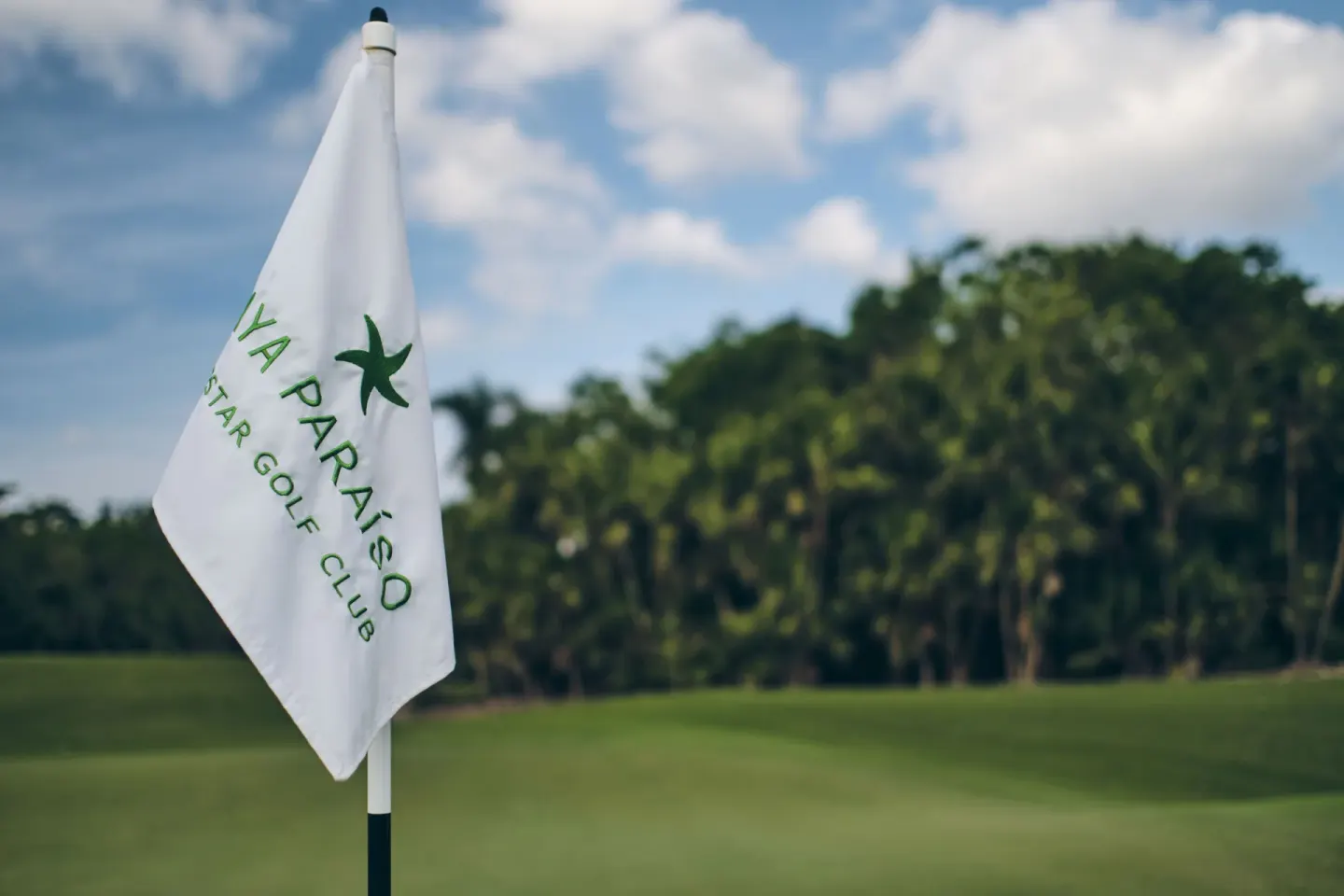 Golf flag on a green near JOIA Paraíso by Iberostar, with trees and fairway in the background.