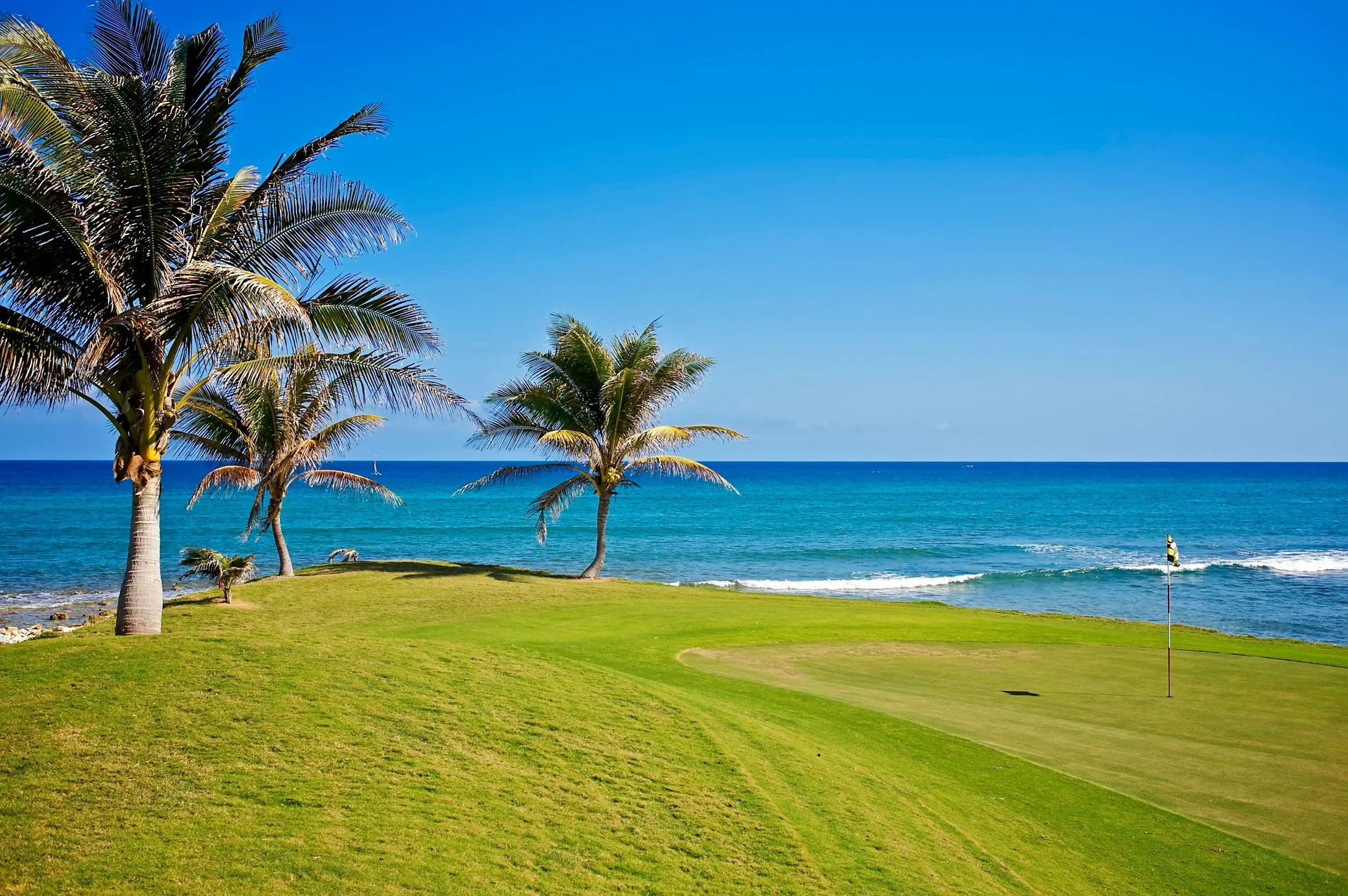 Oceanfront golf green with palm trees at JOIA Rose Hall by Iberostar.