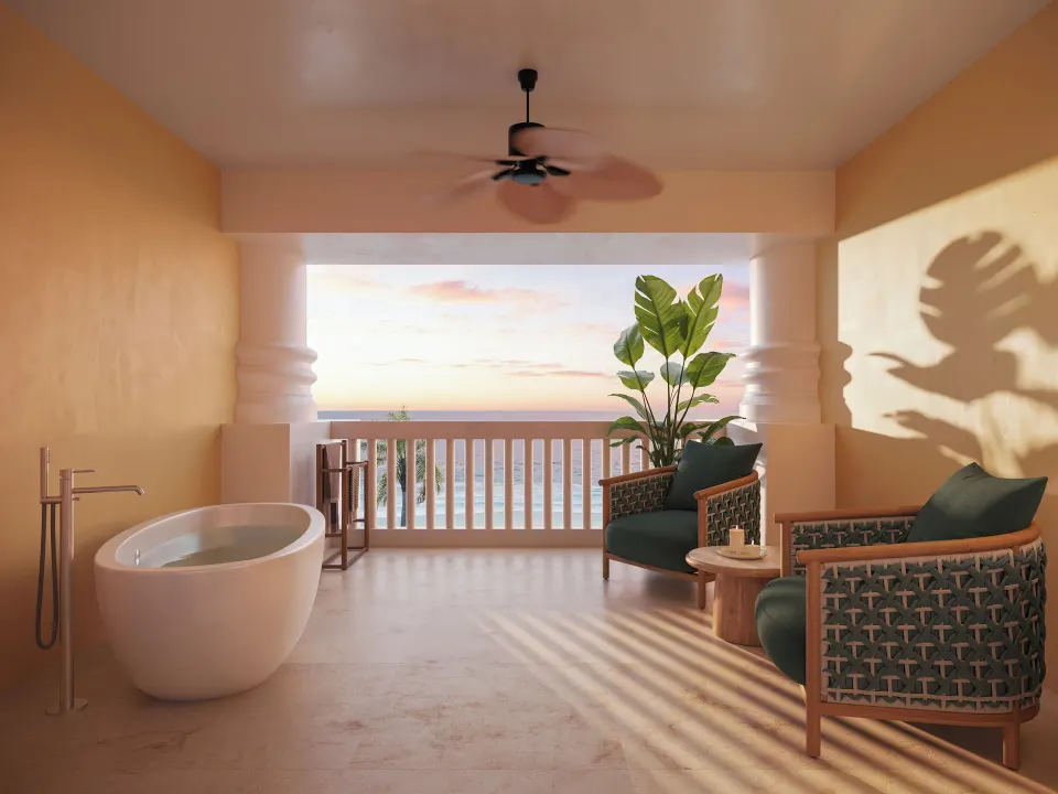 Oceanfront balcony with jacuzzi tub and seating at JOIA Rose Hall by Iberostar.