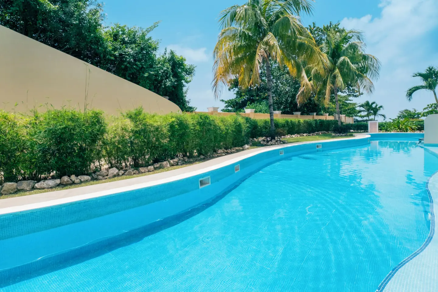 Swim-out pool bordered by hedges and palms at JOIA Rose Hall by Iberostar.