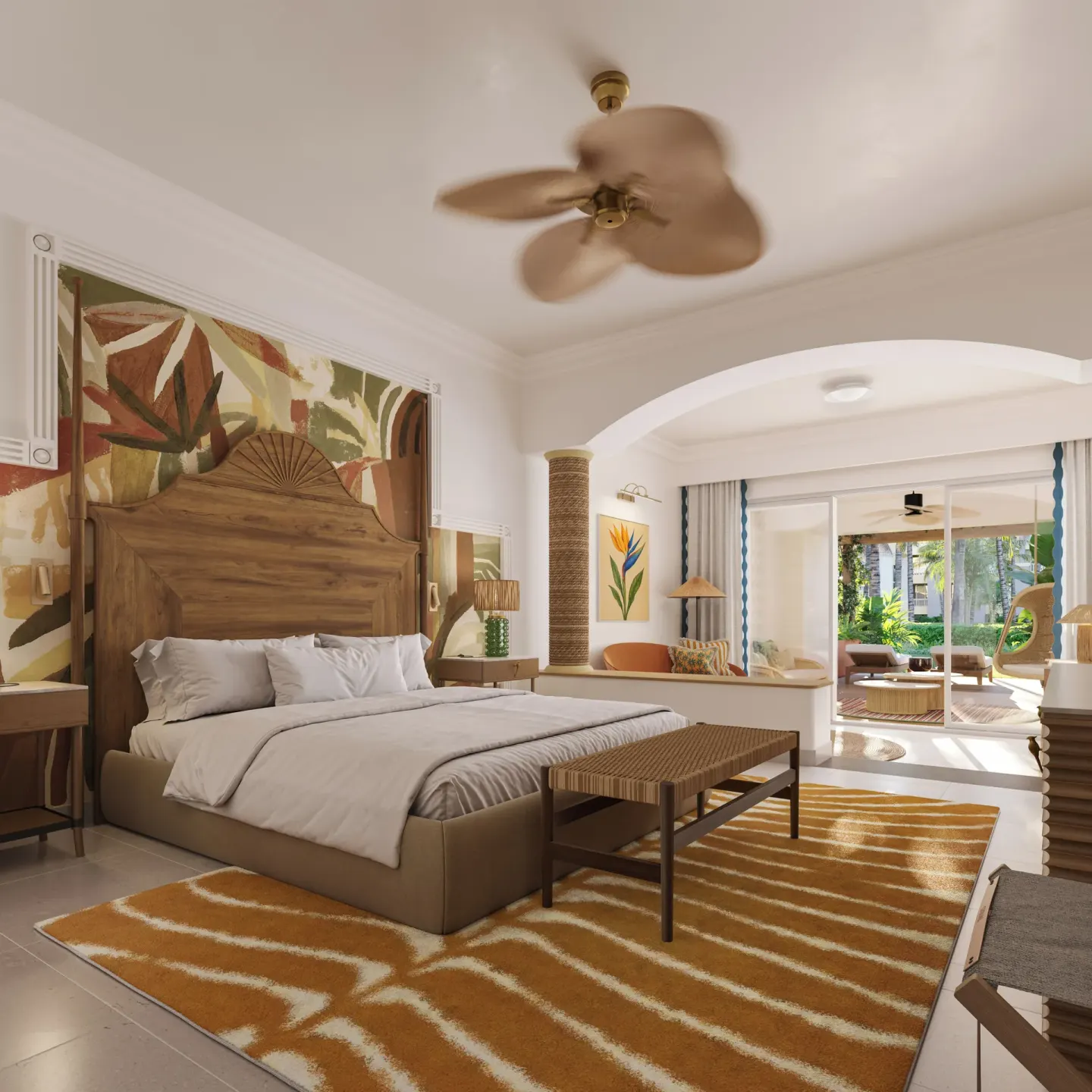 Pool View Suite bedroom with king bed and garden terrace at JOIA Rose Hall by Iberostar.