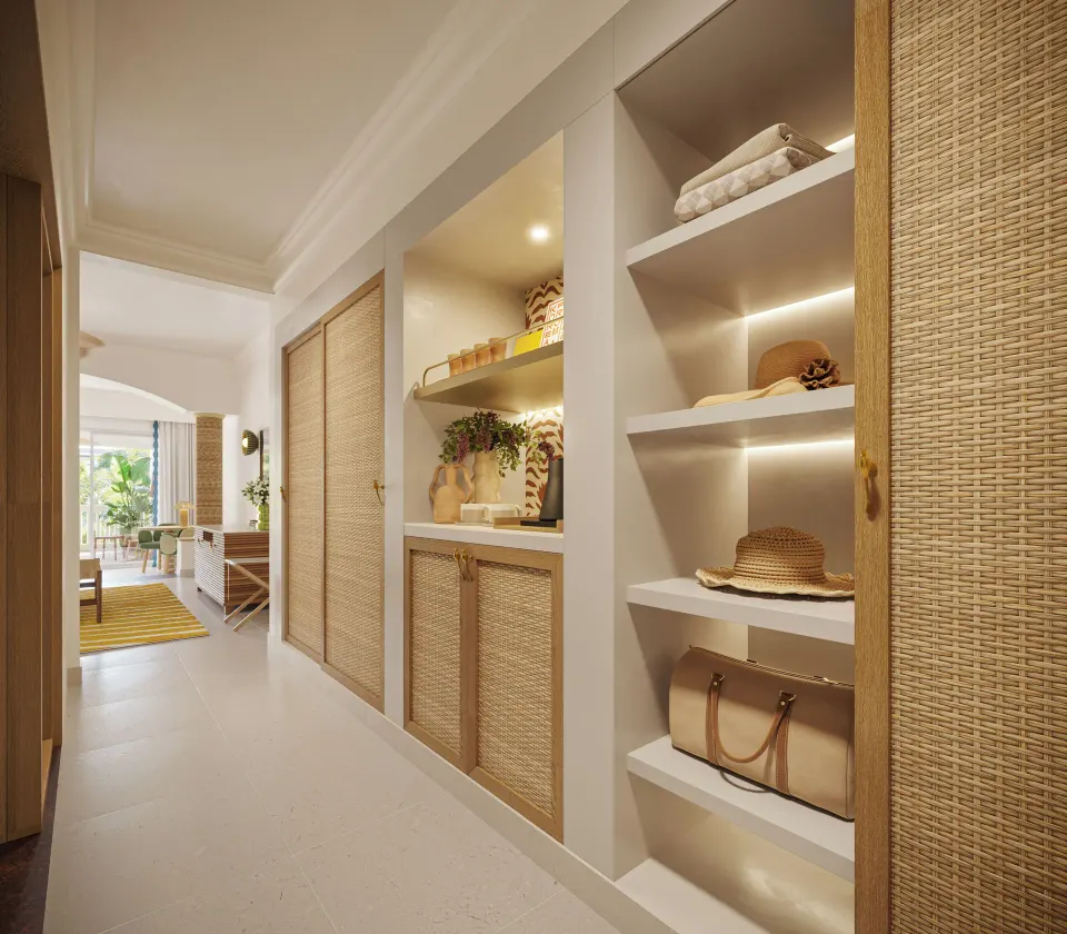Suite dressing area with woven closets at JOIA Rose Hall by Iberostar.