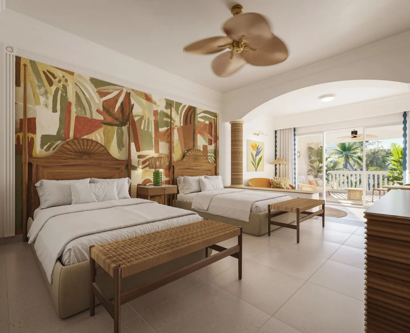 Two-bed suite with balcony seating at JOIA Rose Hall by Iberostar.