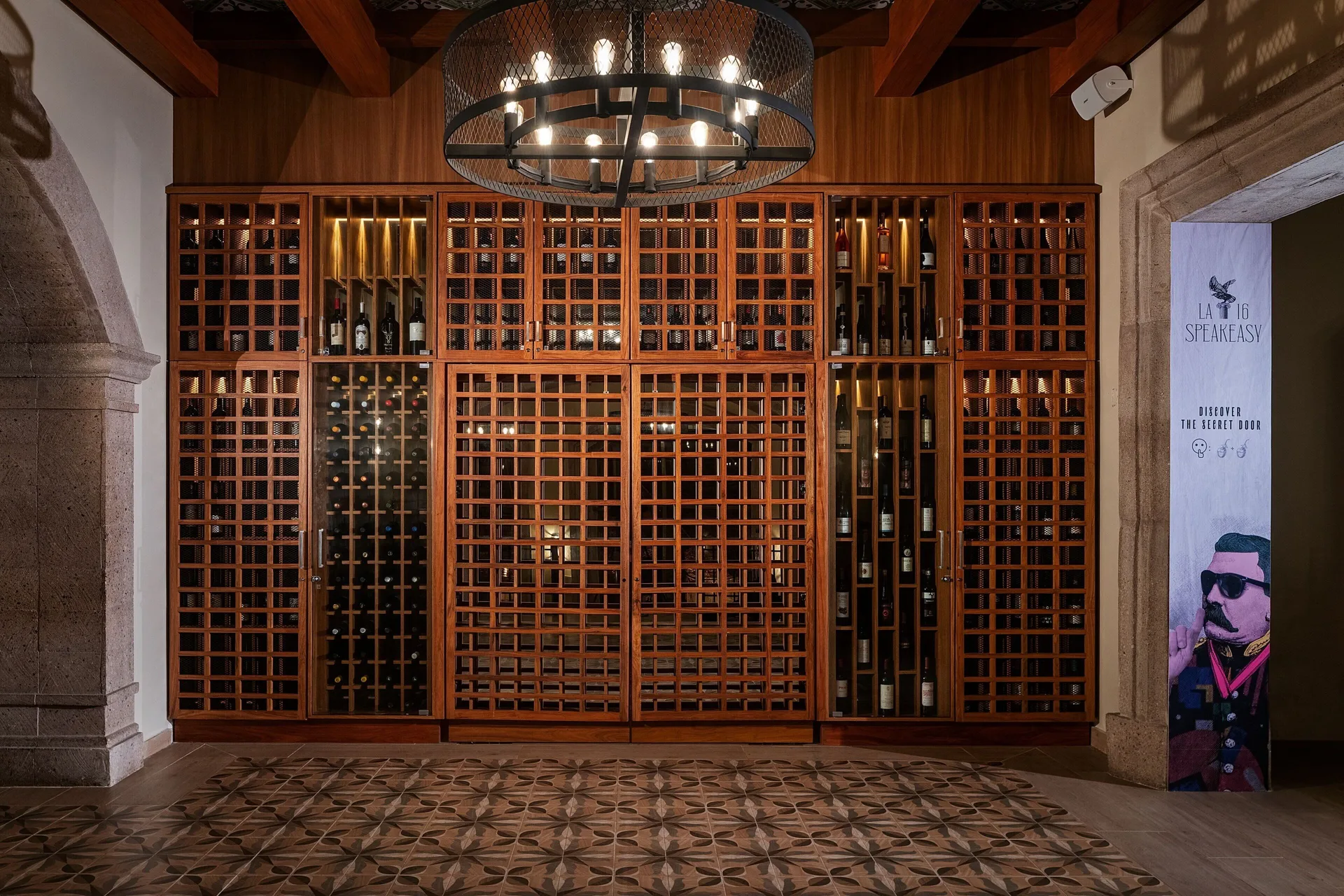 La 16 Speakeasy entrance with wine lockers at JW Marriott Cancun Resort & Spa.