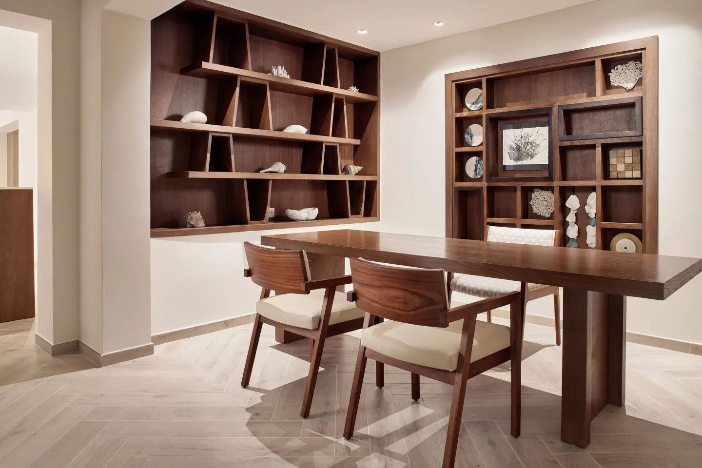 Presidential Suite study area with wood desk and display shelves at JW Marriott Cancun Resort & Spa.