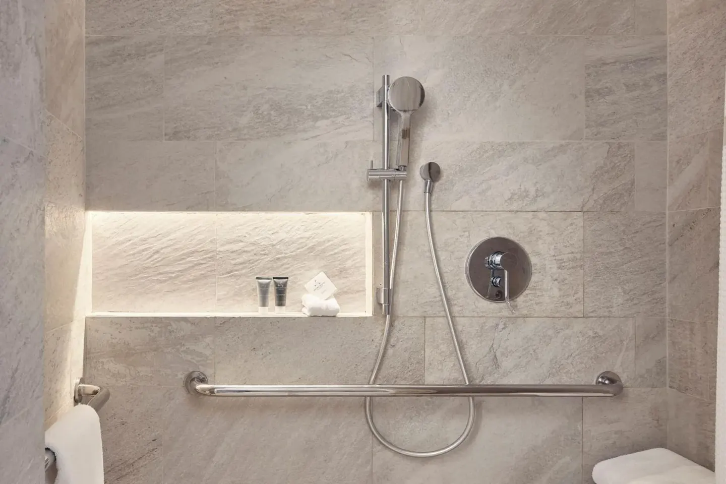 Deluxe Room Ocean View walk-in shower at JW Marriott Cancun Resort & Spa.