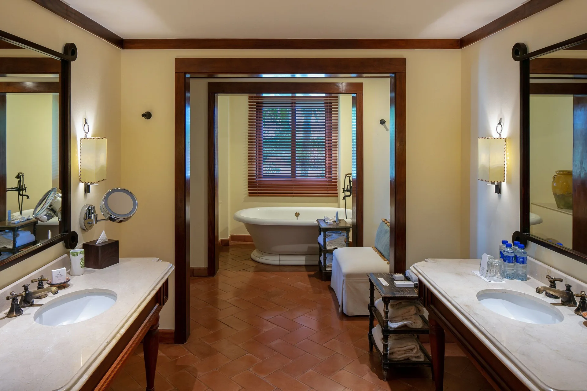 Guest bathroom with twin vanities and soaking tub at JW Marriott Guanacaste Resort and Spa.