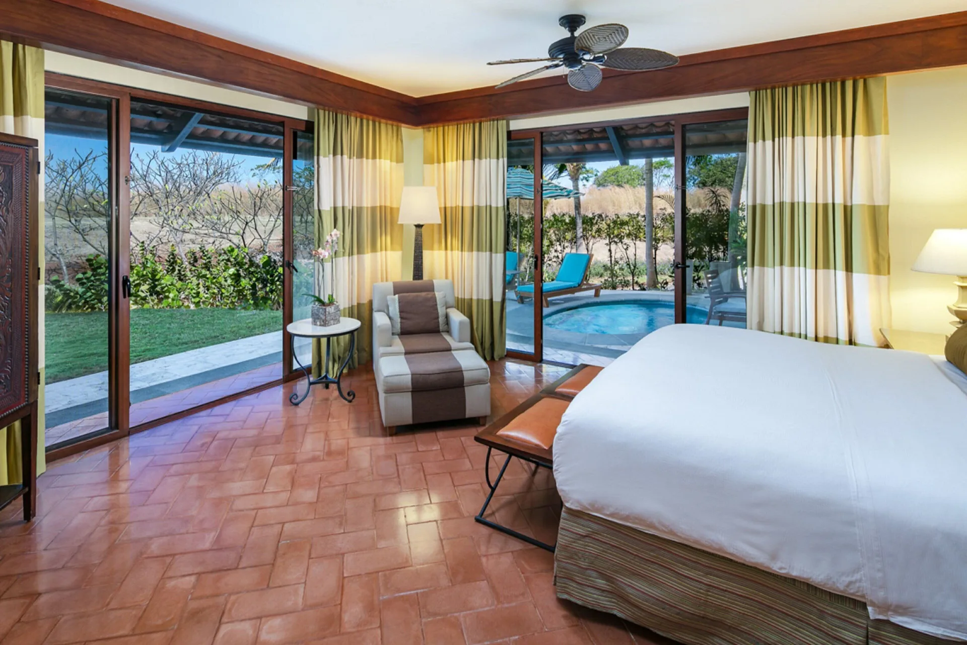 King bed guest room with private plunge pool at JW Marriott Guanacaste Resort and Spa.