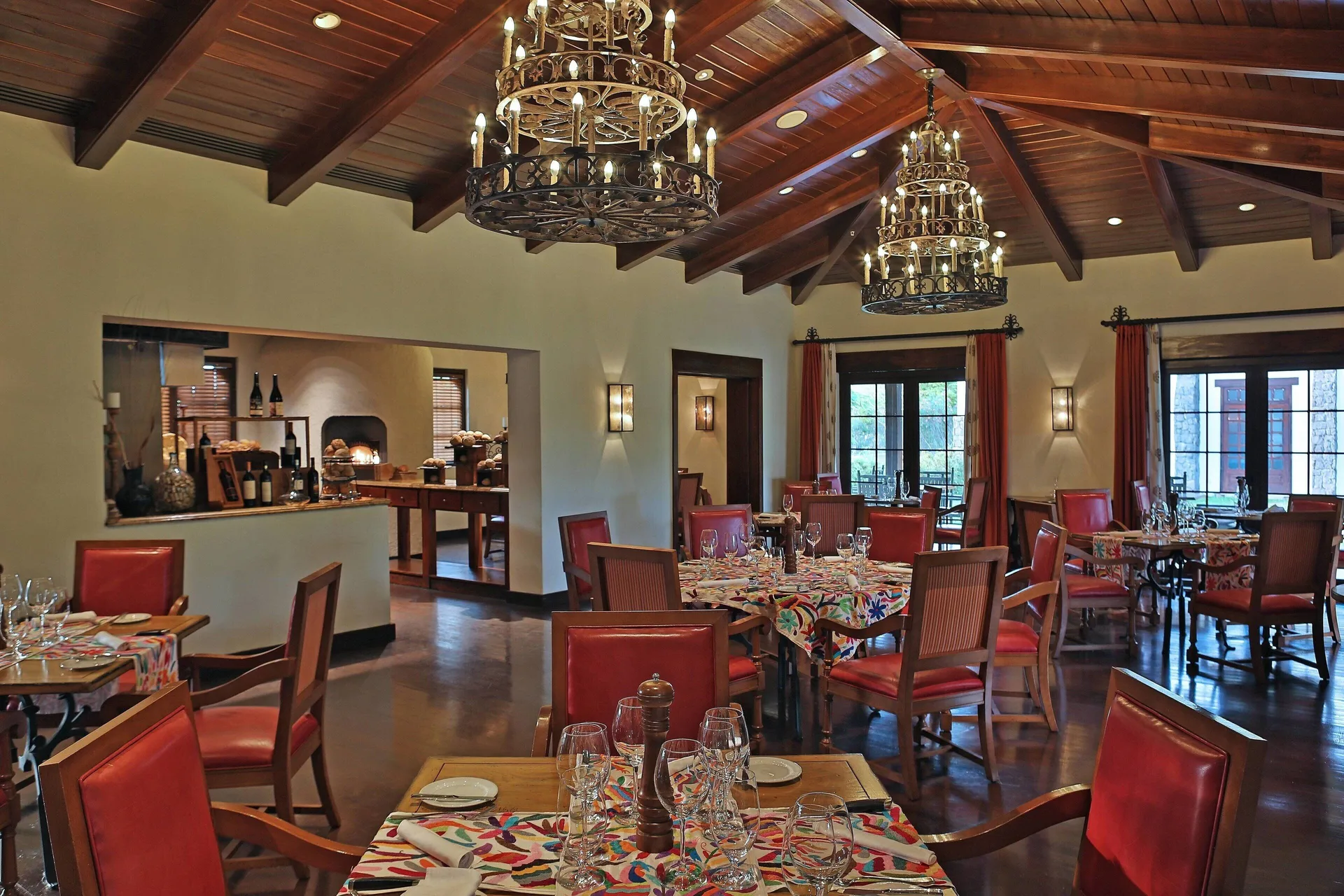 Restaurant dining room with chandeliers at JW Marriott Guanacaste Resort and Spa.