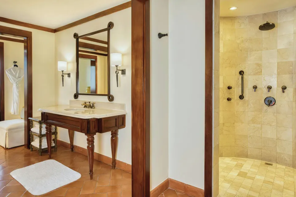 Presidential Suite bathroom vanity and walk-in shower at JW Marriott Guanacaste Resort and Spa.