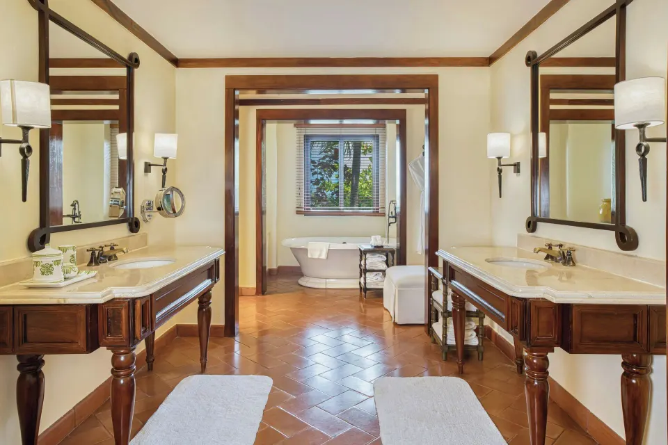 Presidential Suite bathroom with dual vanities and soaking tub at JW Marriott Guanacaste Resort and Spa.