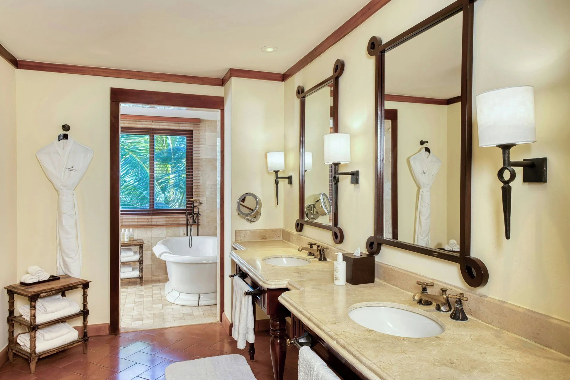 Suite bathroom double vanity and tub area at JW Marriott Guanacaste Resort and Spa.
