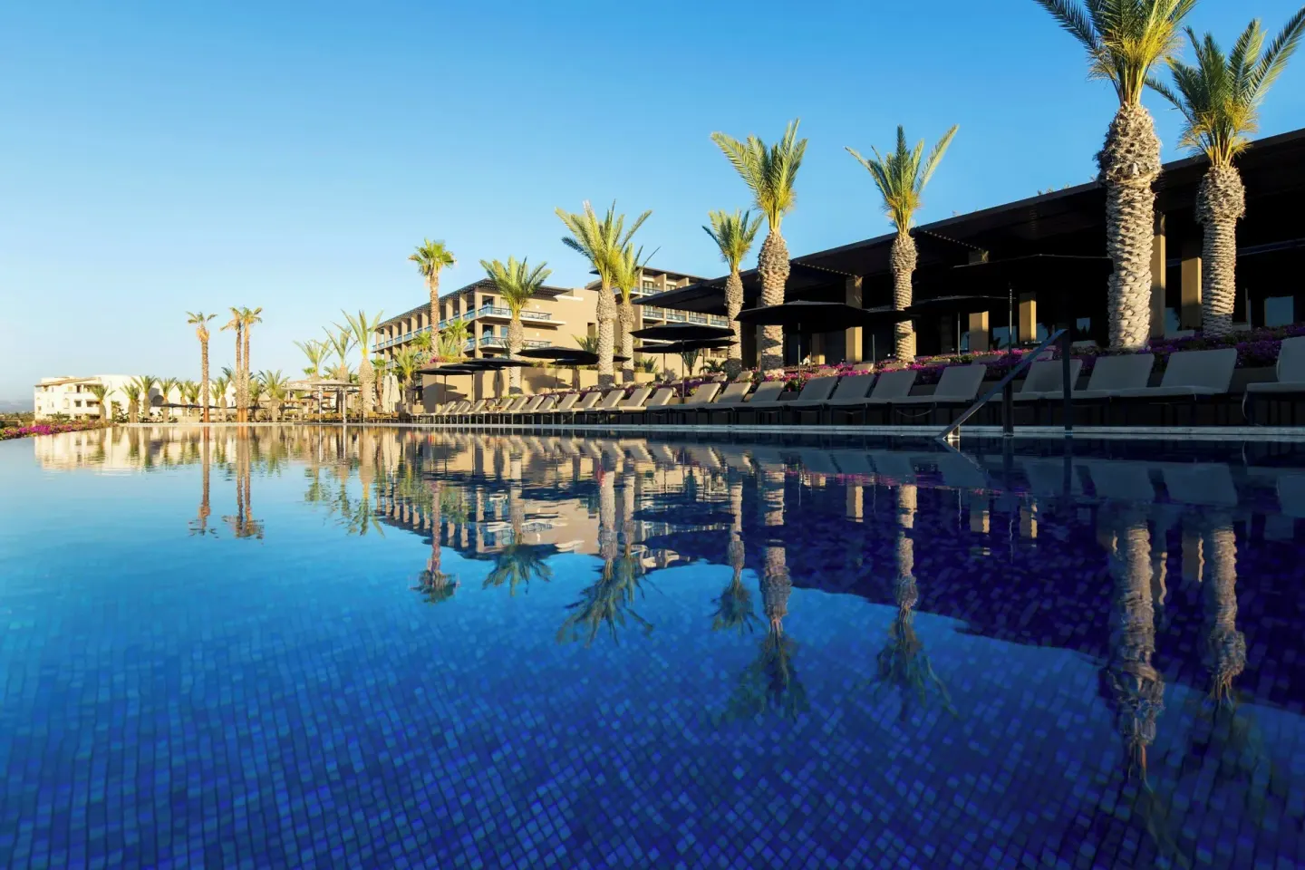 Resort pool reflecting palm trees and cabanas at JW Marriott Los Cabos Beach Resort & Spa.
