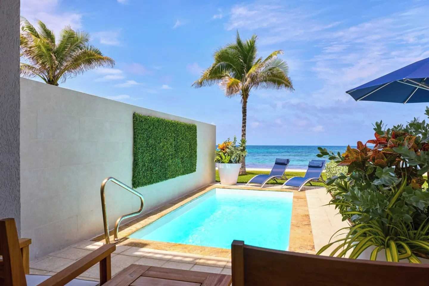 Private plunge pool beside palms and ocean at JW Marriott St. Maarten Beach Resort & Spa.
