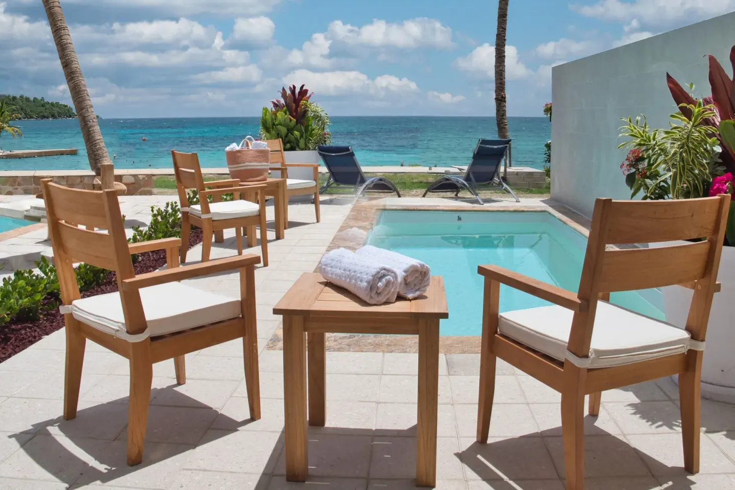 Private plunge pool terrace with ocean view at JW Marriott St. Maarten Beach Resort & Spa.