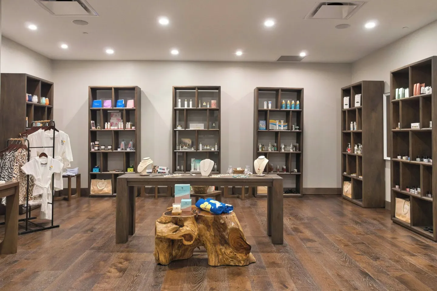 Spa boutique shelves with products and apparel at JW Marriott St. Maarten Beach Resort & Spa.