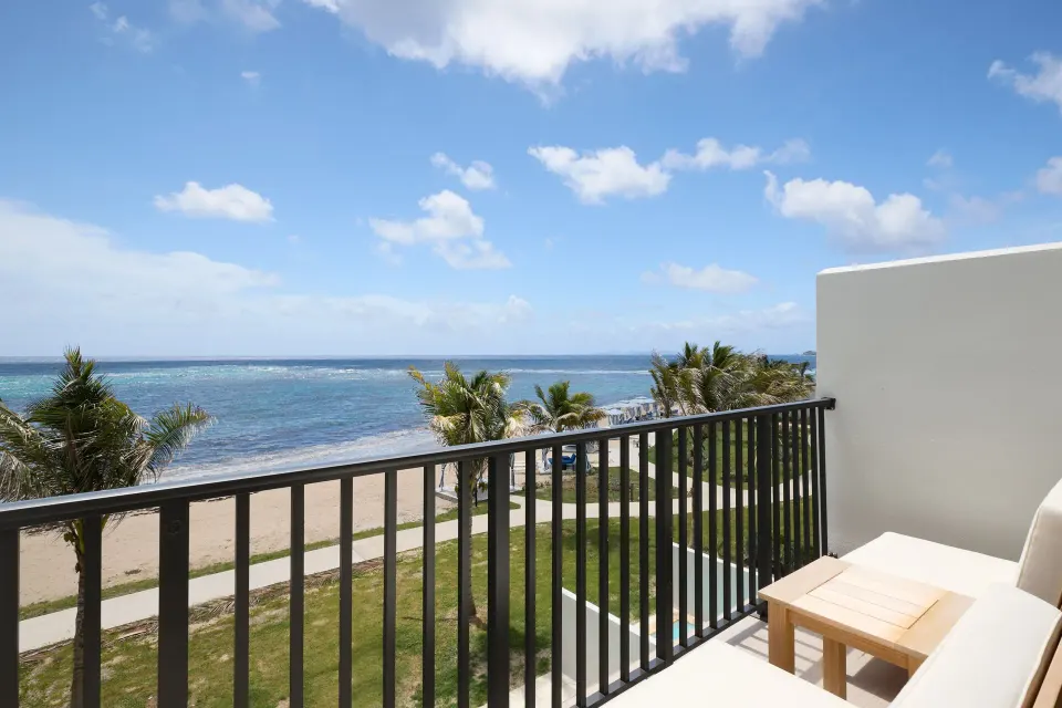 Oceanfront balcony view from JW Marriott St. Maarten Beach Resort & Spa deluxe room.