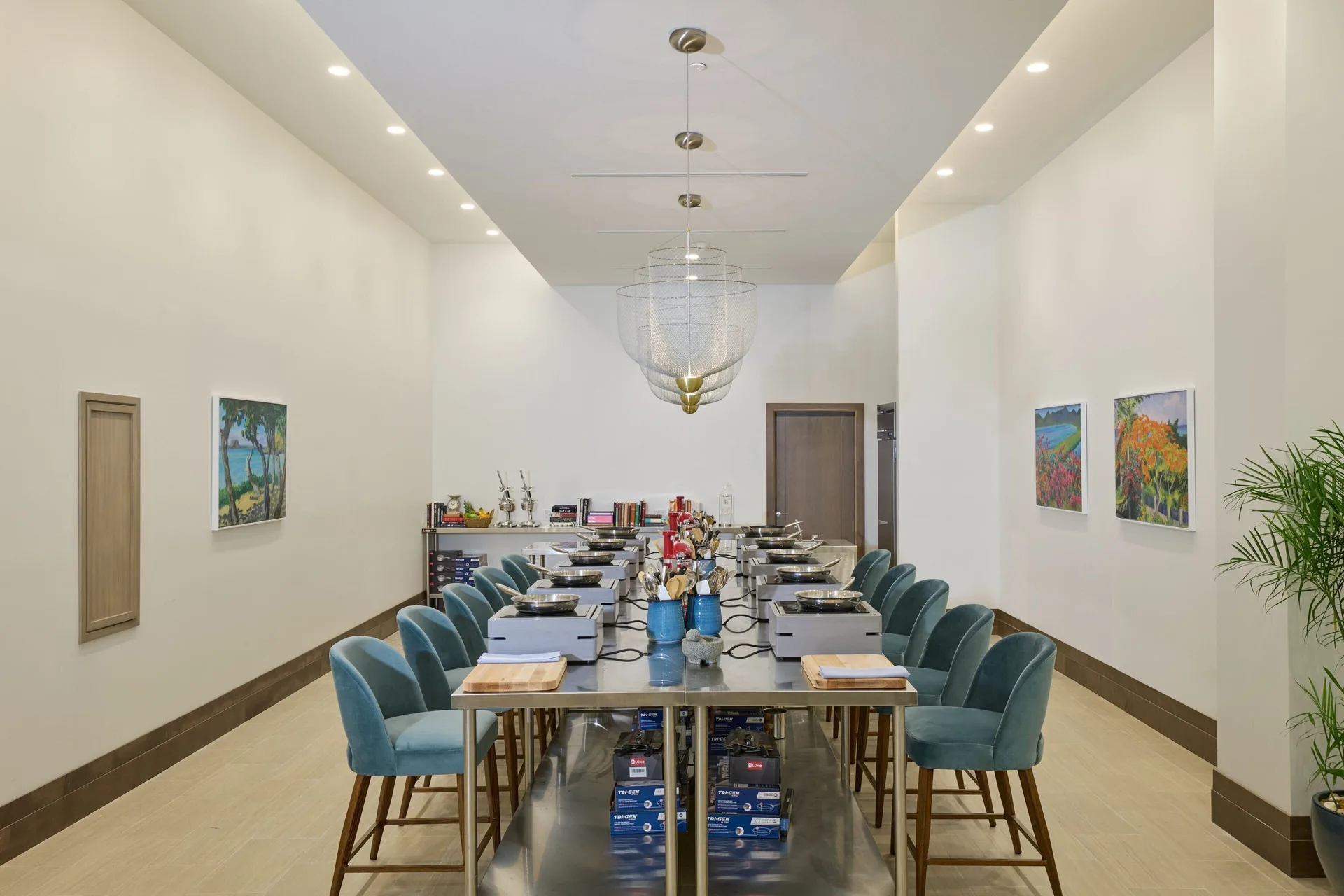 Private cooking class setup with long counter seating at JW Marriott St. Maarten Beach Resort & Spa.