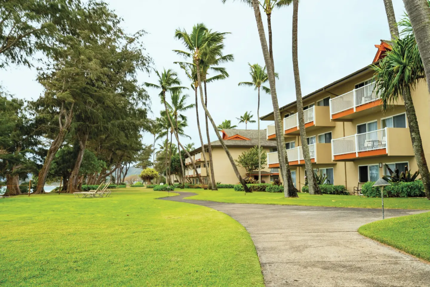 Palm-lined lawn and guest-room building at Kauai Coast at the Beachboy.