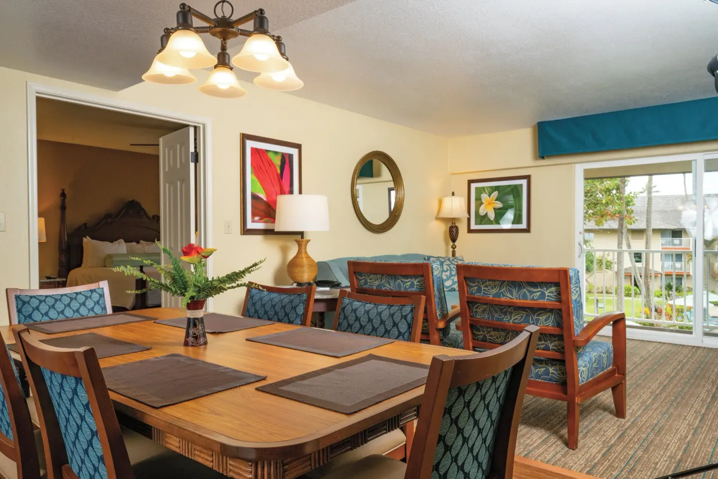 Dining and living area in the accessible ohana suite at Kauai Coast at the Beachboy.