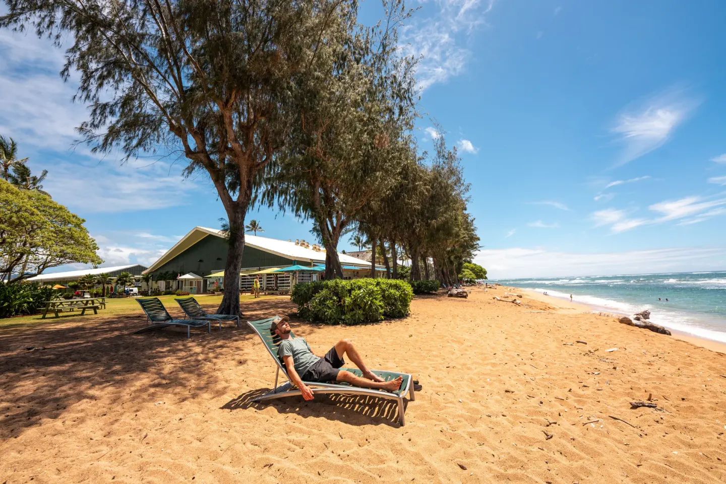 Beach loungers under trees along the sand at Kauai Shores Hotel.