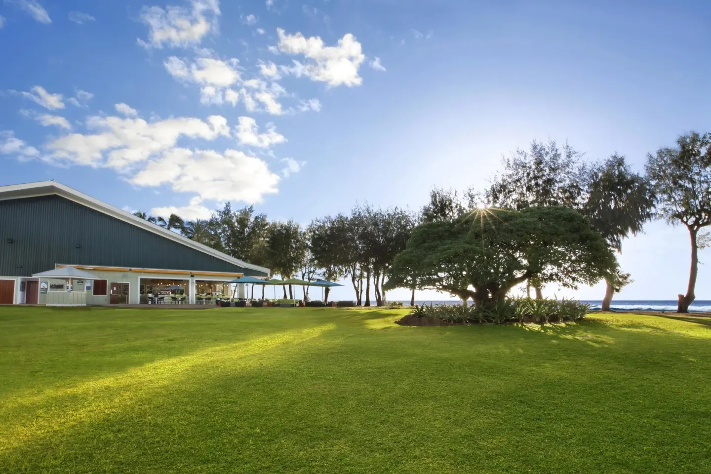 Wide green lawn and oceanfront trees beside the restaurant at Kauai Shores Hotel.