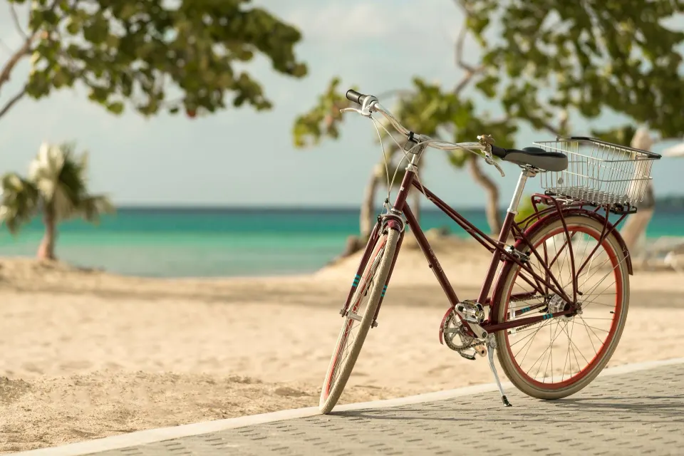 Bicycle parked on a paved beach path with turquoise sea in the background at Kimpton Seafire Resort + Spa