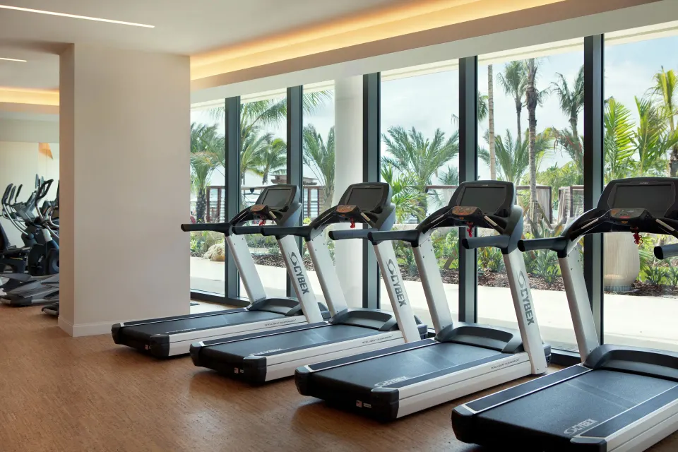 Row of treadmills facing windows with garden views at Kimpton Seafire Resort + Spa
