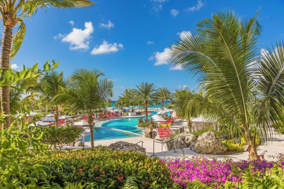 Resort pool surrounded by palm trees and bright flowers at Kimpton Seafire Resort + Spa