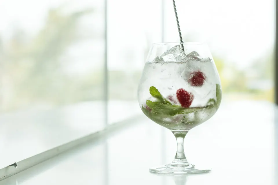 Large goblet glass with clear cocktail, raspberries and ice by a window at Kimpton Seafire Resort + Spa