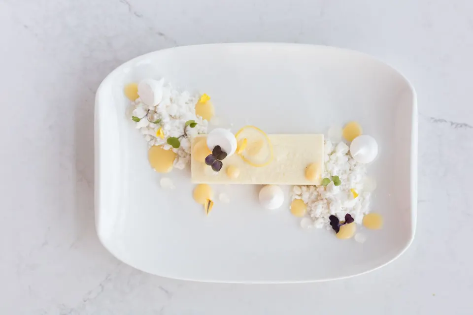 Minimalist plated dessert on a white oval dish at Kimpton Seafire Resort + Spa