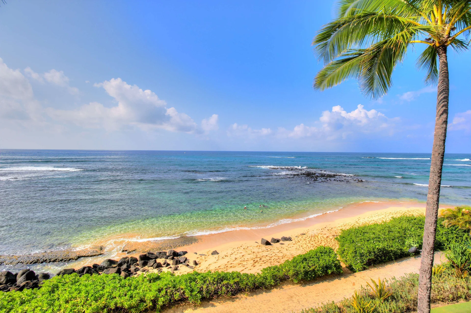 Po'ipu Beach shoreline with palm and turquoise water at Ko'a Kea Resort on Po'ipu Beach.