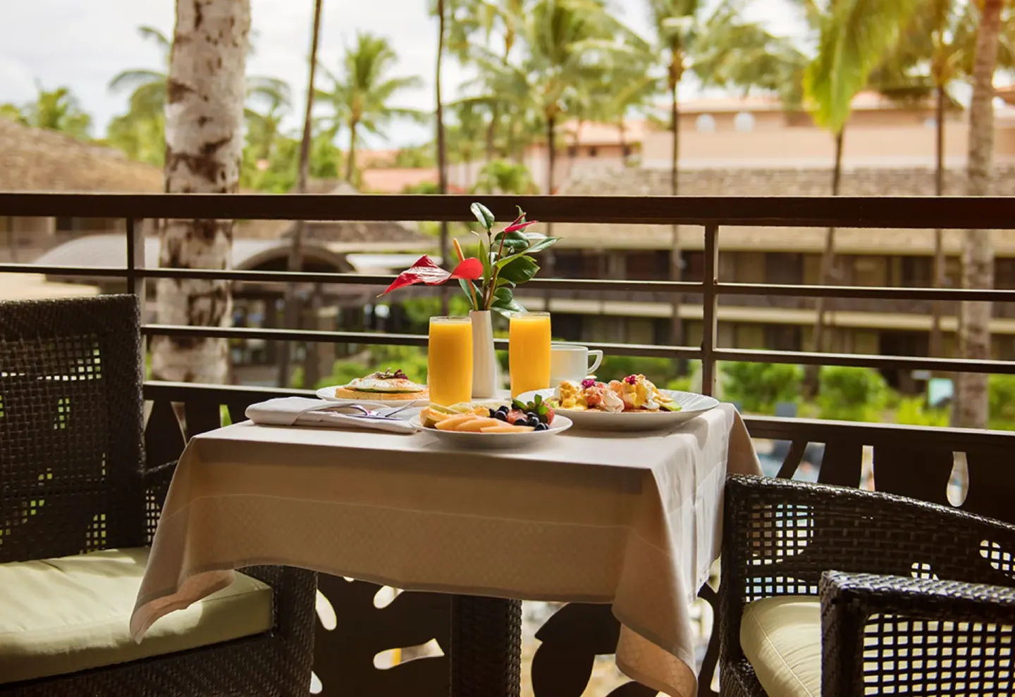 Garden view room balcony breakfast at Ko'a Kea Resort on Po'ipu Beach.