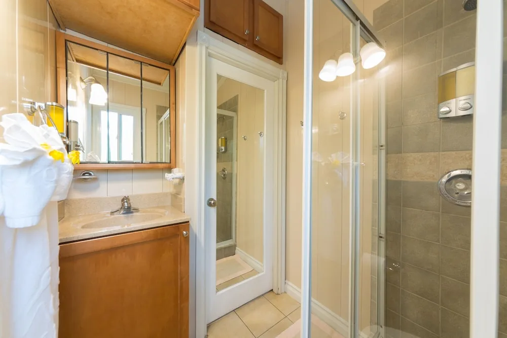 Bathroom with glass shower enclosure and vanity at Kokomo Botanical Resort.